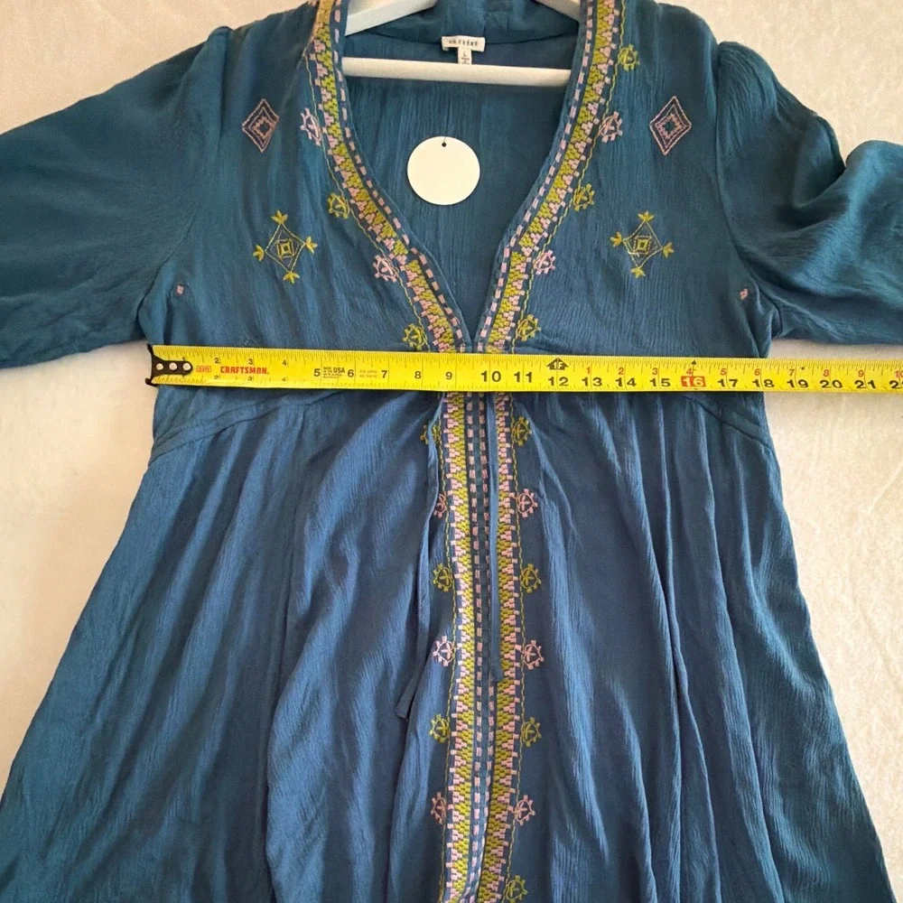 En Creme Womens Slate Blue Embroidered Babydoll Tunic Top Boho Rayon ED13940BL L
